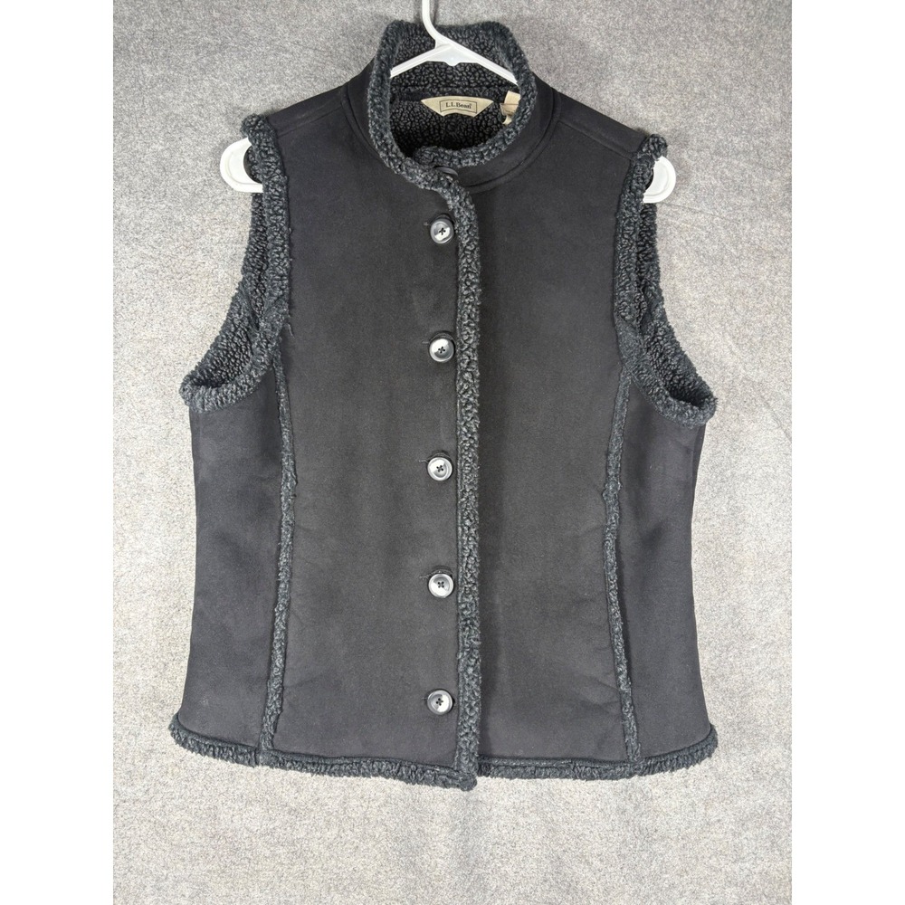 LL Bean Womens Black Faux Suede‎ Shearling Sherpa Lined Button Front Vest Medium